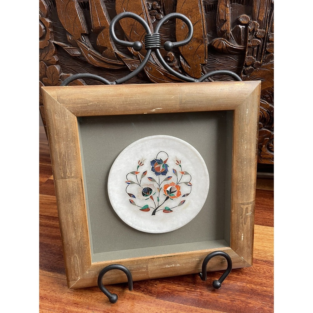 White Marble Indian Framed Multi Stone Mother Of Pearls Marquetry Plate 6"